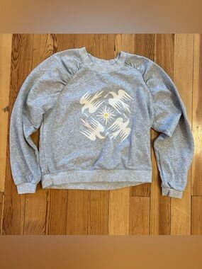 Anthropologie Women's Gray Jason Yim Bird Graphic Pullover L Cottagecore Chic